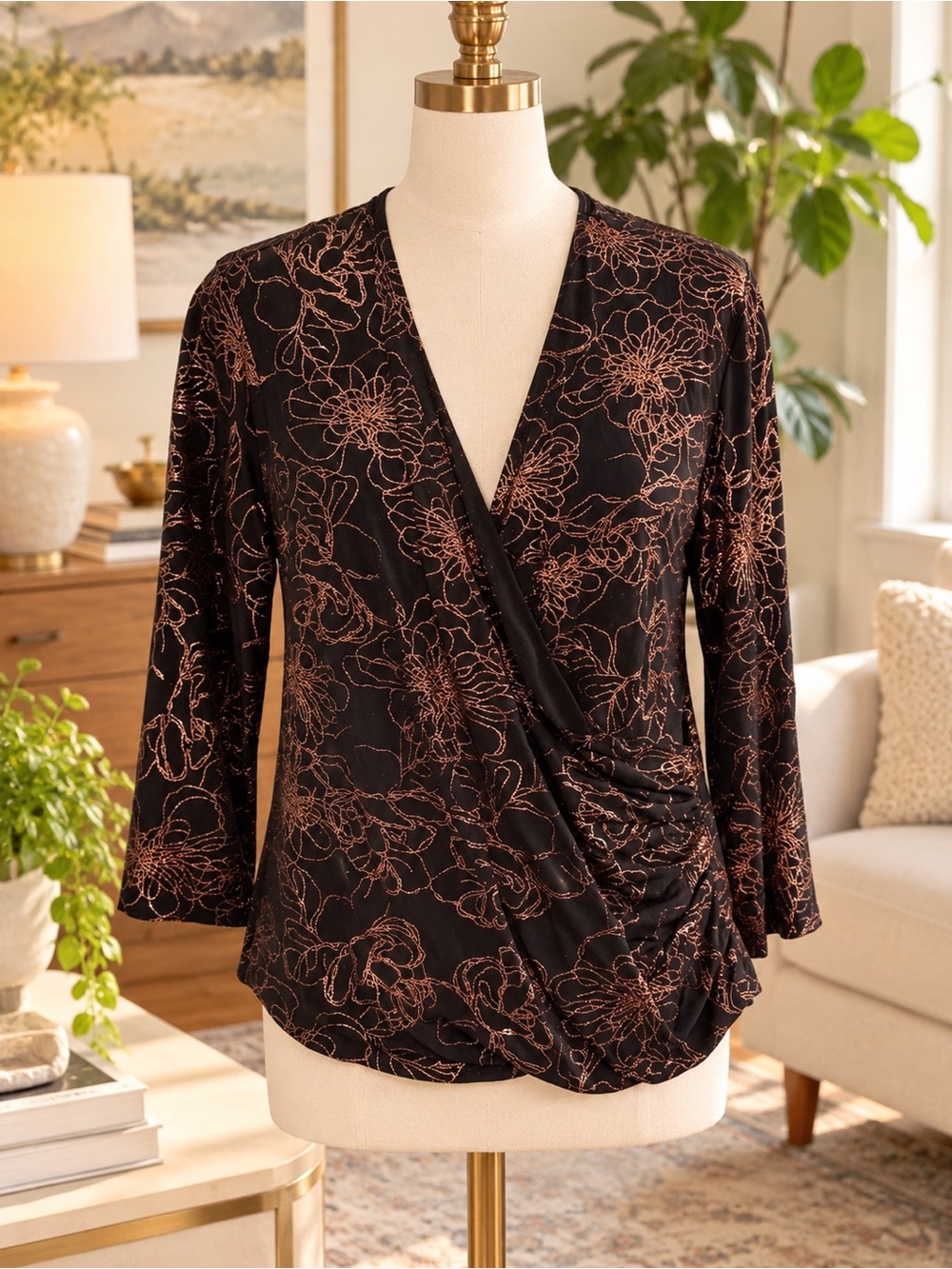 MSK Black Wrap Blouse with Copper Floral Print